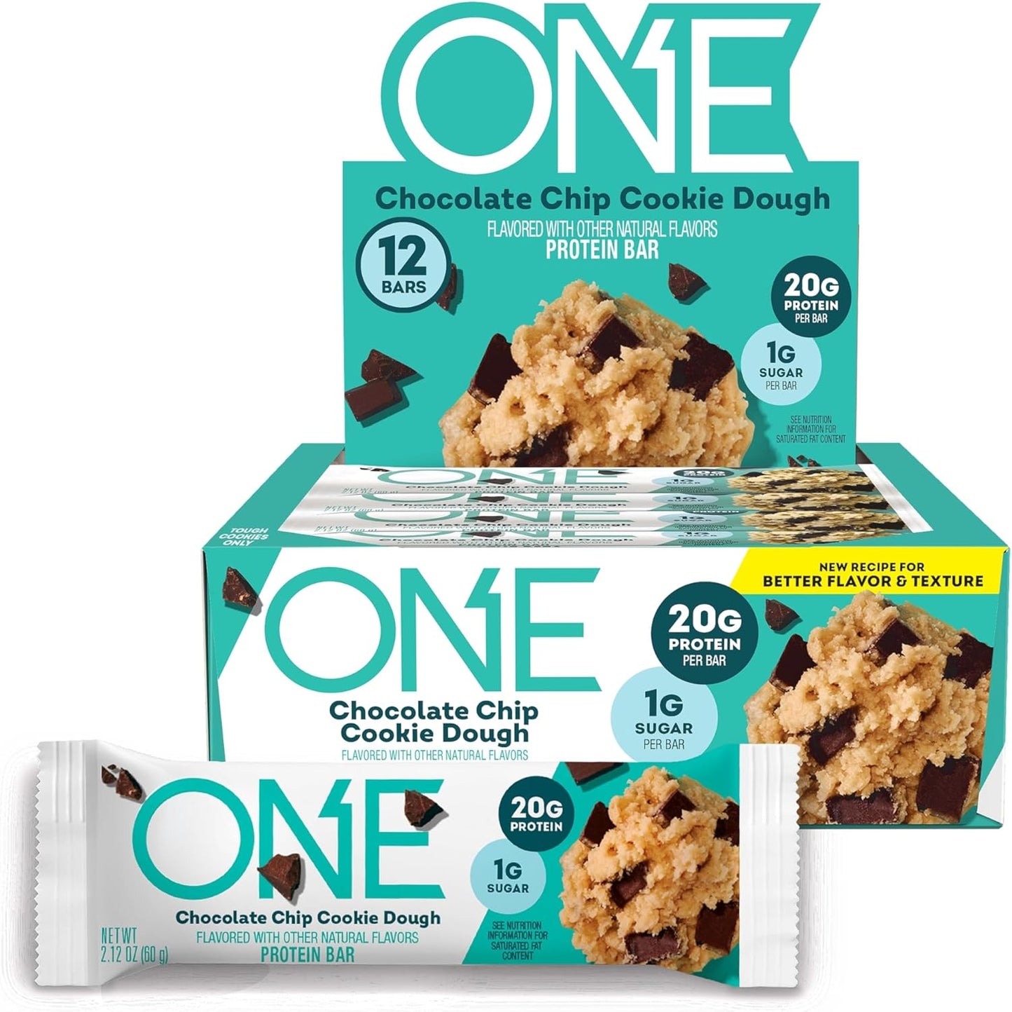 ONE Protein Bars, Chocolate Chip Cookie Dough, Gluten Free with 20g Protein and 1g Sugar