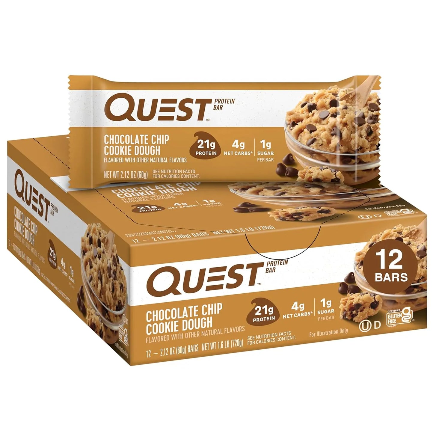 Quest Nutrition Chocolate Chip Cookie Dough Protein Bars, High Protein, Gluten Free