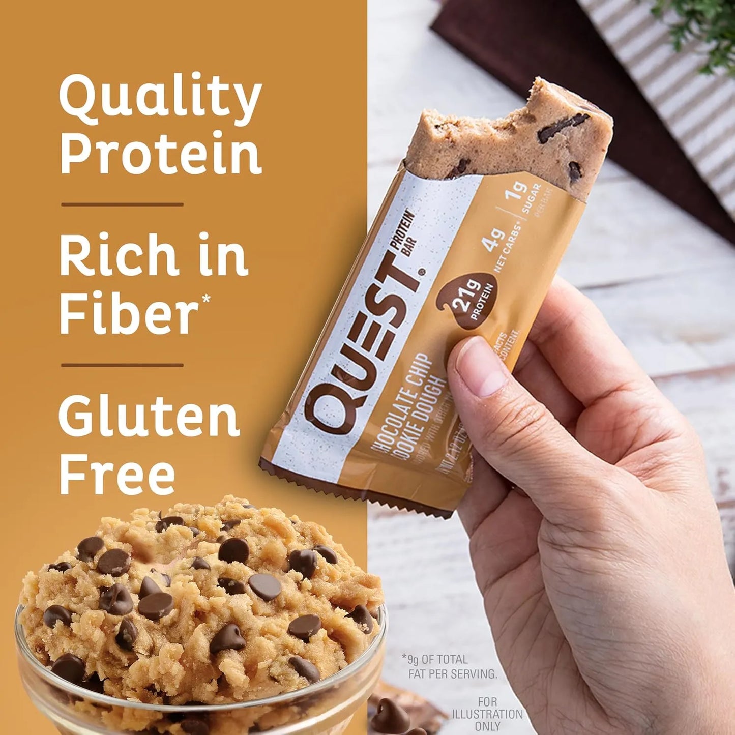 Quest Nutrition Chocolate Chip Cookie Dough Protein Bars, High Protein, Gluten Free